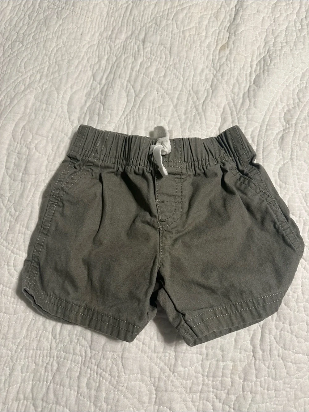0284 Carter's Olive Green Elastic Waist Baby Shorts and Dino onesie 9 months